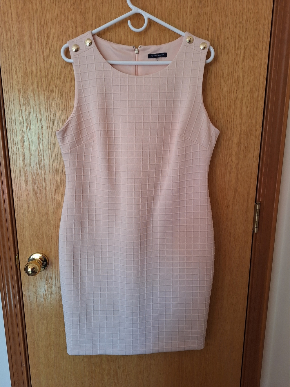 Tommy Hilfiger Blush Pink Sleeveless Grid Sheath Dress with Gold Buttons